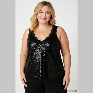 ESQUALO Black Sequins Lace Trim Sleeveless Blouse Size 14